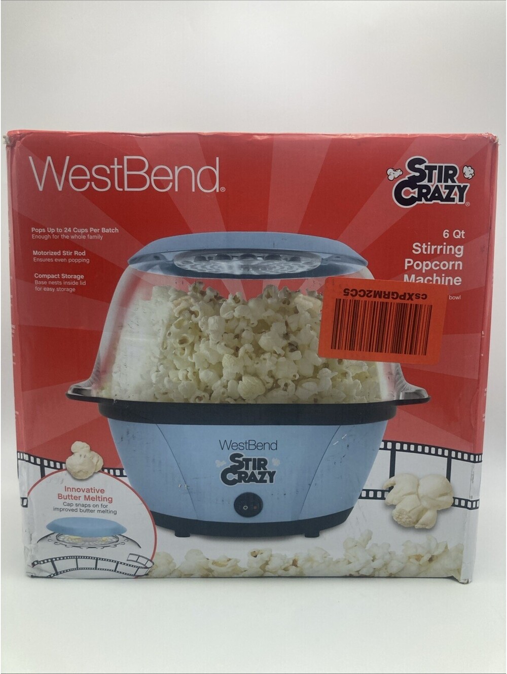 Brand New West Bend Stir Crazy Popcorn Maker 6-Qt 850W Blue w/ Serving Bowl